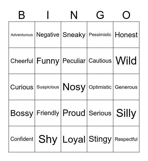 Character Traits Bingo Card