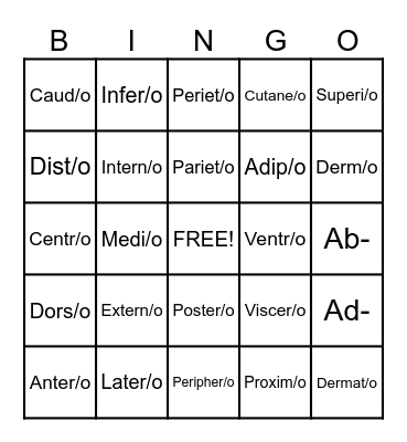 Medical Terminology Bingo Card