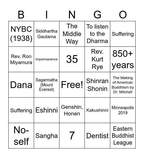 Bodhi Bingo Card