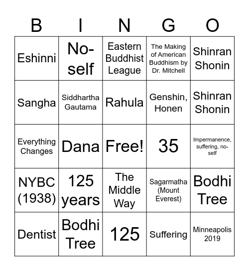 Bodhi Bingo Card