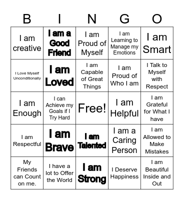 Self-Esteem Bingo Card