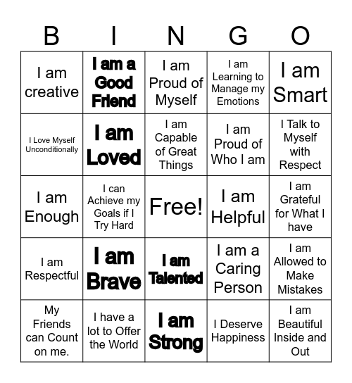 Self-Esteem Bingo Card