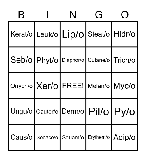 Medical Terminology Bingo Card