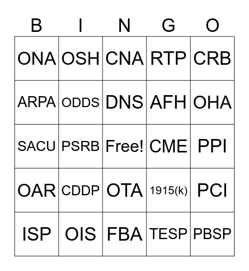 Acronym Bingo Card