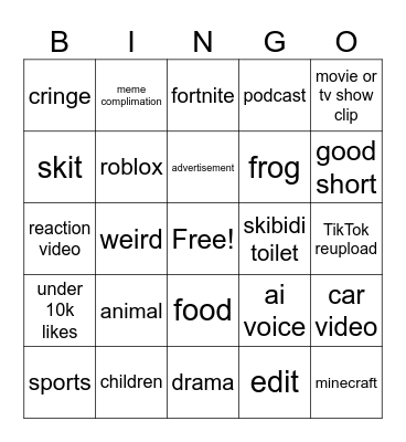 youtube shorts Bingo Card