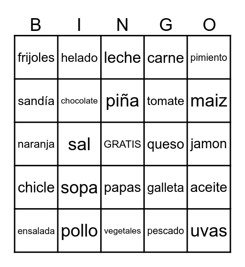 comida Bingo Card