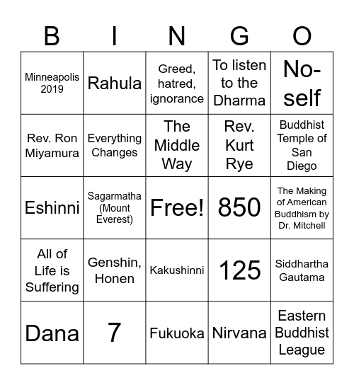 Bodhi Bingo Card