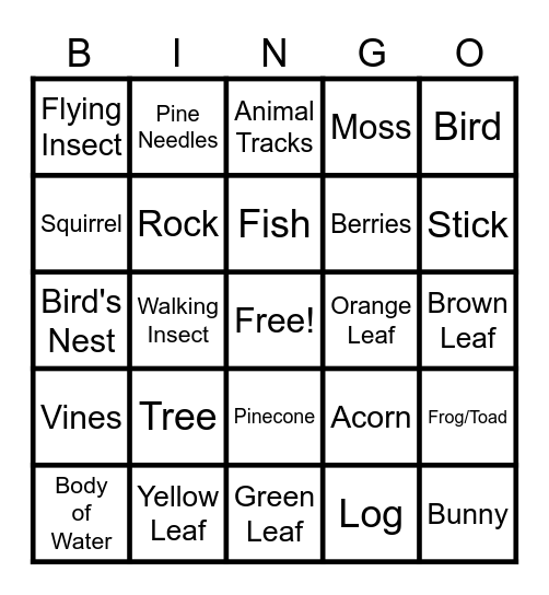 Nature Park Bingo Card