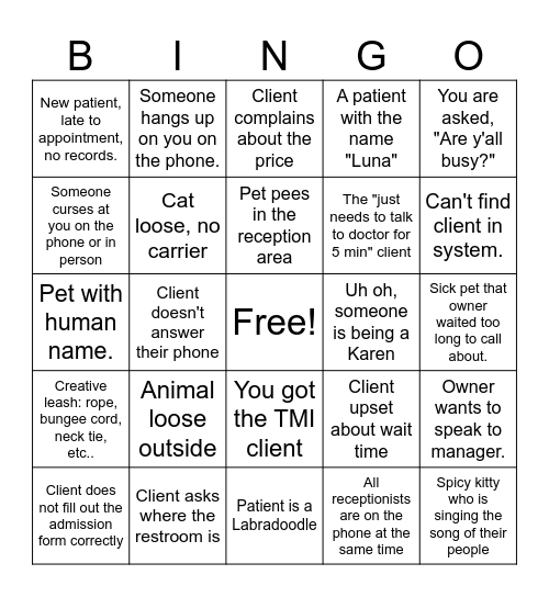 Veterinary Receptionist Bingo Card