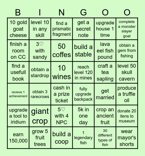 Stardew Valley Bingo Card