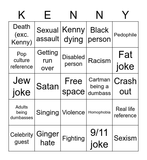 South Park Bingo Card