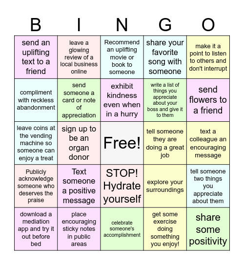 Kindness Bingo Card