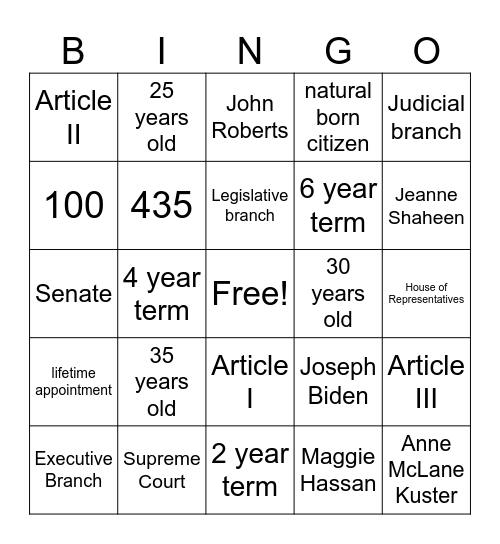 Constitutional Bingo Card