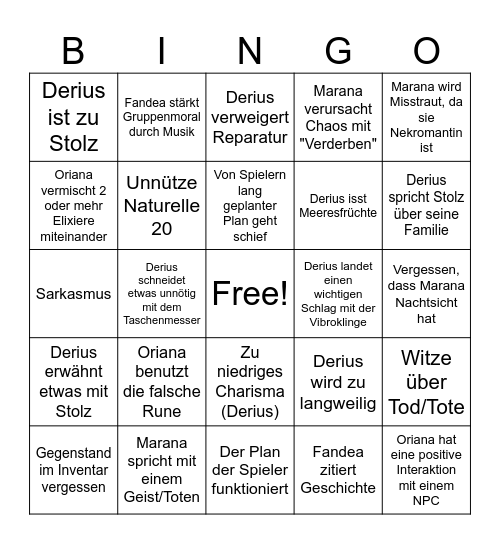 DnD Bingo - Benny Bingo Card