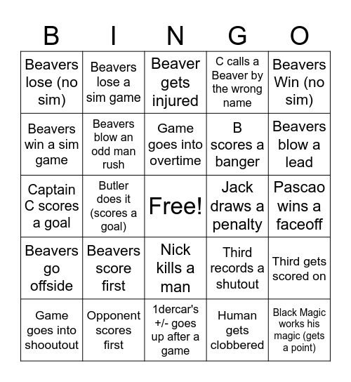 Beaver Bingo Card