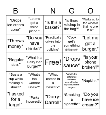 Dairy Bar Bingo Card