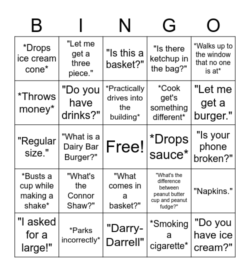 Dairy Bar Bingo Card