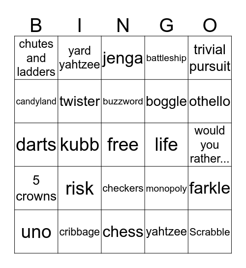 Fun and Games Bingo Card
