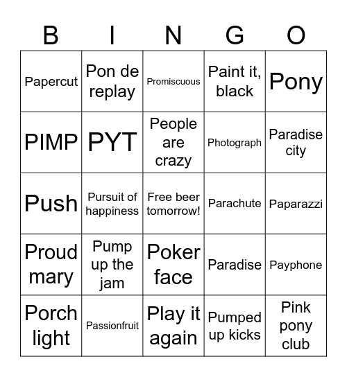 Letter P Bingo Card