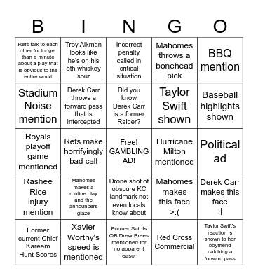 Saints vs Chiefs MNF 10/7 Bingo Card