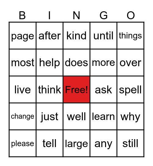 RED WORD BINGO _ Level 1 Bingo Card