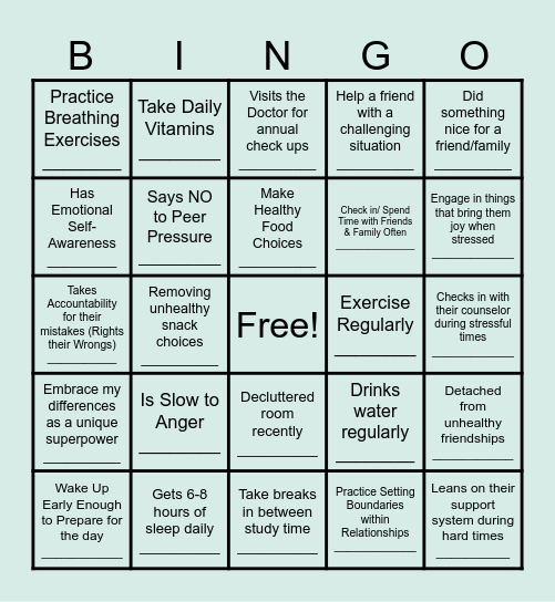 Wellness Bingo Card