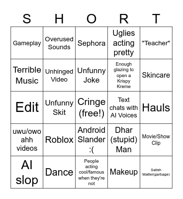 Youtube Shorts Bingo Card