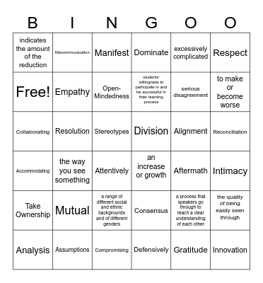 Building Relationships Vocabulary Bingo Card