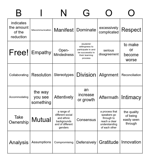 Building Relationships Vocabulary Bingo Card