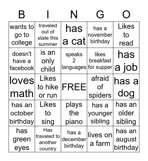 Getting to Know You!! Bingo Card
