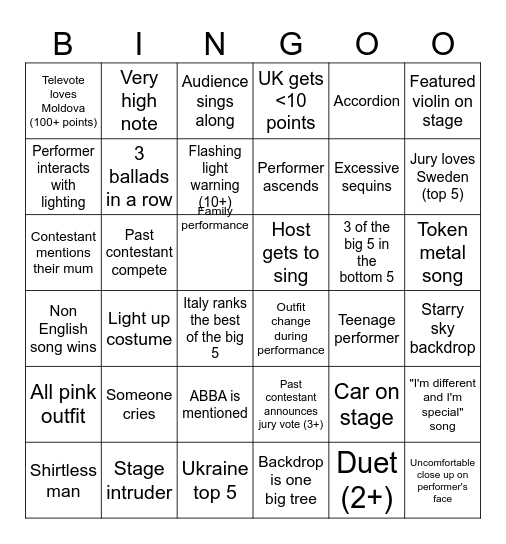 Eurovision Bingo Card