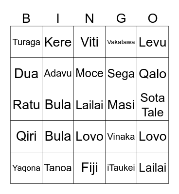 Fijian Language Week Bingo Card