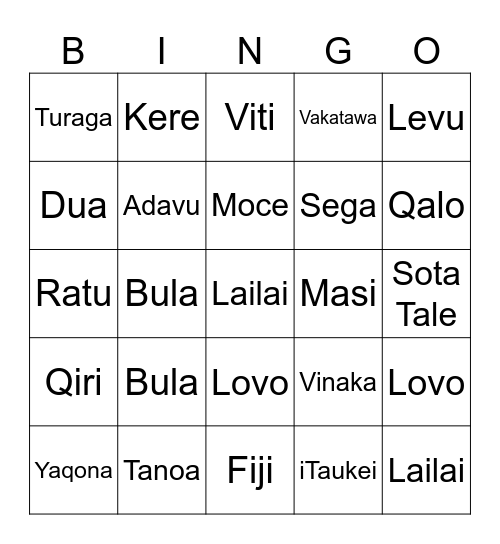 Fijian Language Week Bingo Card