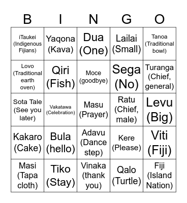 Fijian Language Week Bingo Card