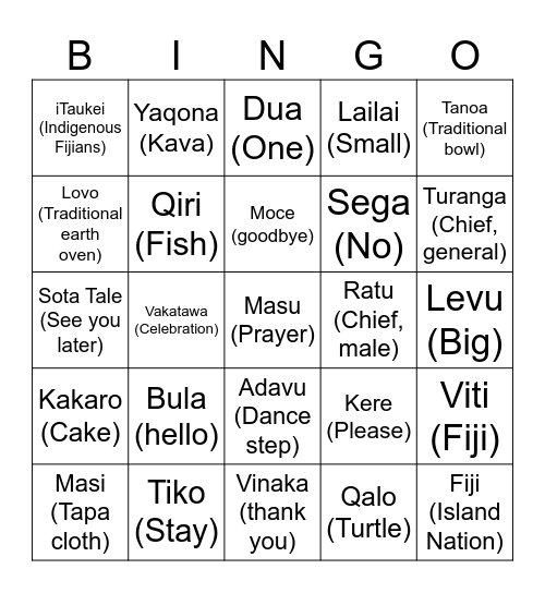 Fijian Language Week Bingo Card
