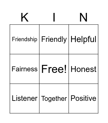 Kindness Vocabulary Bingo Card