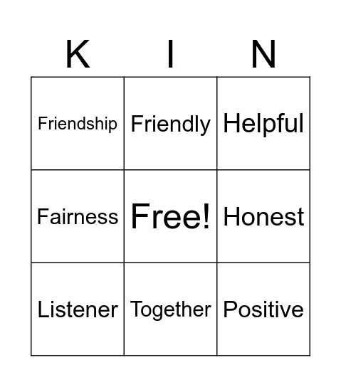 Kindness Vocabulary Bingo Card