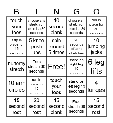 Fitness Bingo Card