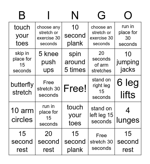 Fitness Bingo Card