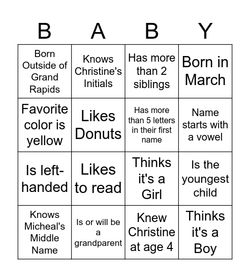 Baby Dykema Bingo Card