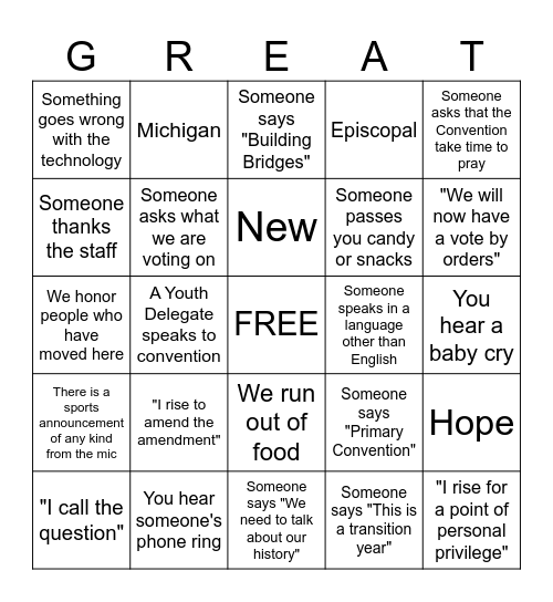 EDGL Primary Convention Bingo Card