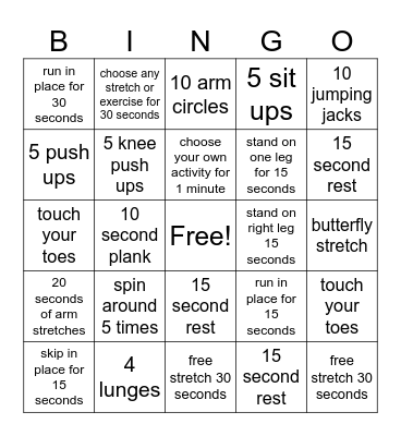 Fitness Bingo Card