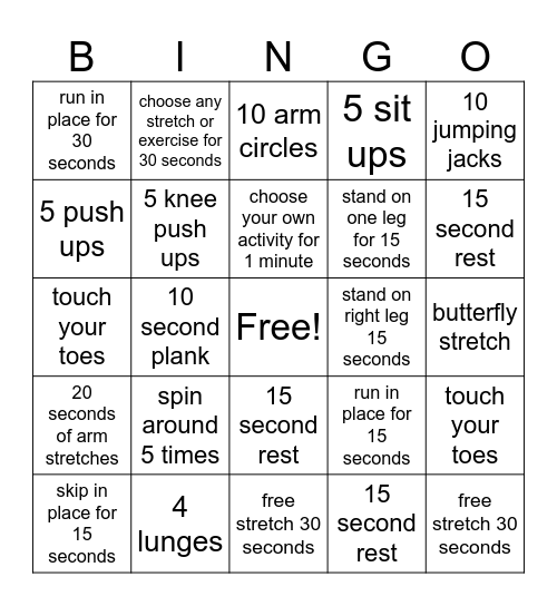 Fitness Bingo Card