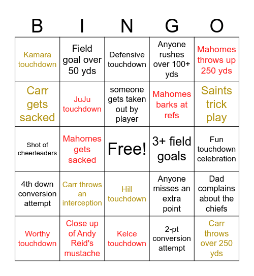 Monday Night Football: Saints vs Chiefs Bingo Card