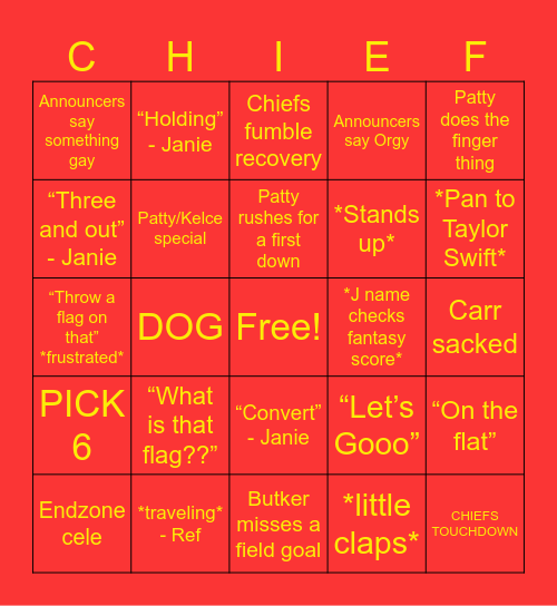 Chiefs v Saints Bingo Card