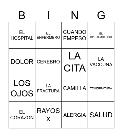 Medical Loteria Bingo Card