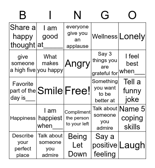 Self Esteem Bingo Card