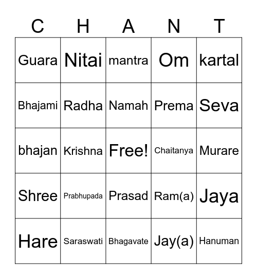 Bhakti Bingo Card