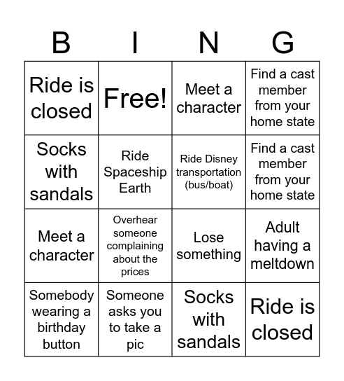 Disney Bingo Card