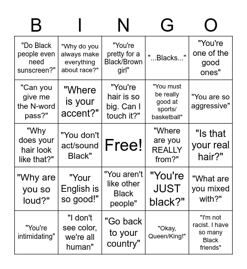 Micro Aggression Bingo Card